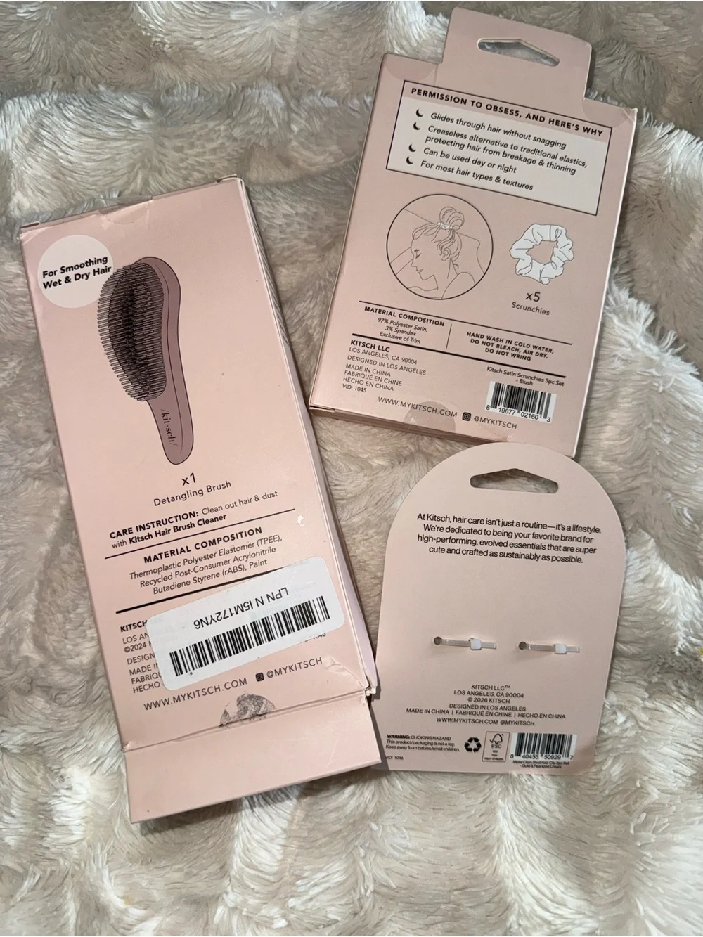 Kitsch hair bundle, 3pc. Brush, 5 satin scrunchies, 2 shell claw clips